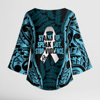 White Ribbon Day New Zealand Kimono Sleeve Blouse Respect Women Maori Pattern Blue