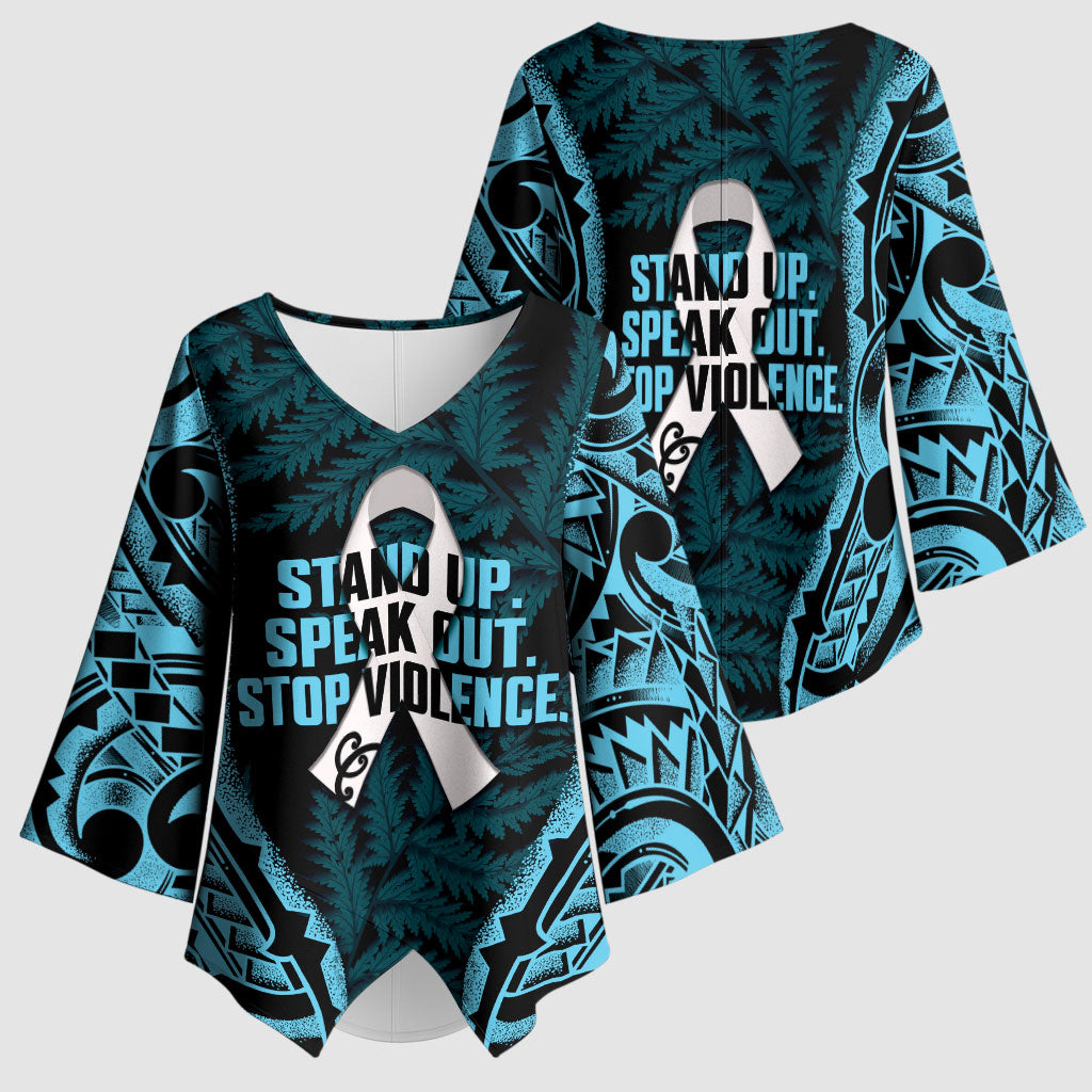 White Ribbon Day New Zealand Kimono Sleeve Blouse Respect Women Maori Pattern Blue