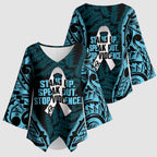 White Ribbon Day New Zealand Kimono Sleeve Blouse Respect Women Maori Pattern Blue