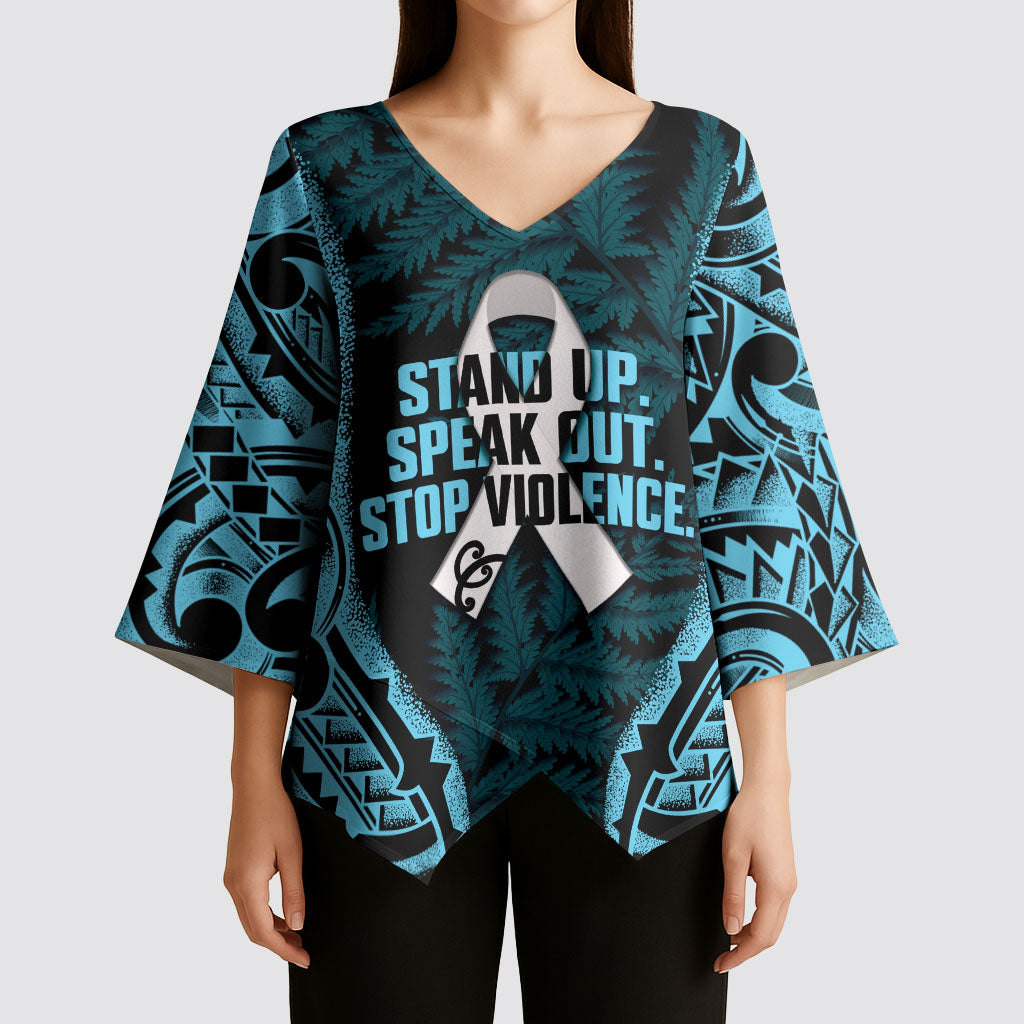 White Ribbon Day New Zealand Kimono Sleeve Blouse Respect Women Maori Pattern Blue