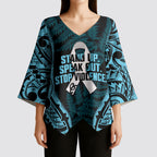 White Ribbon Day New Zealand Kimono Sleeve Blouse Respect Women Maori Pattern Blue