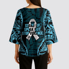 White Ribbon Day New Zealand Kimono Sleeve Blouse Respect Women Maori Pattern Blue