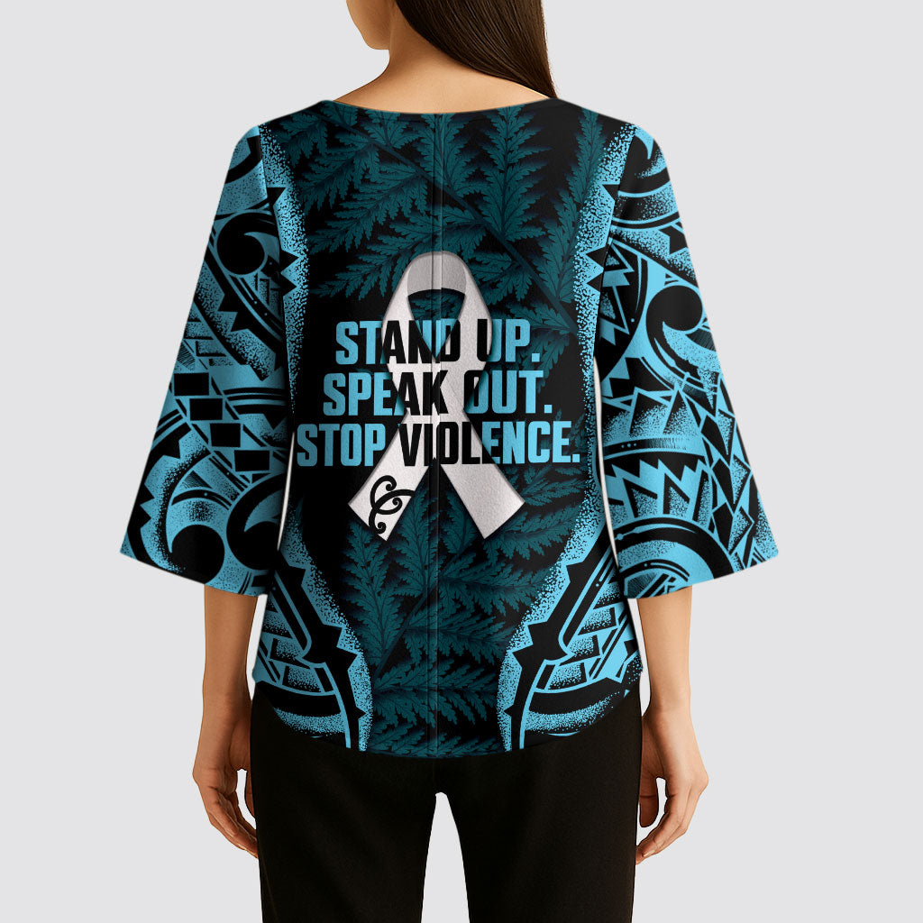 White Ribbon Day New Zealand Kimono Sleeve Blouse Respect Women Maori Pattern Blue