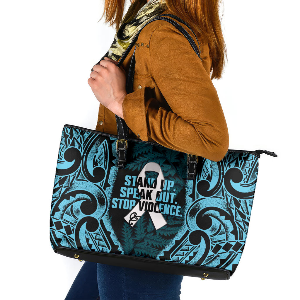 White Ribbon Day New Zealand Leather Tote Bag Respect Women Maori Pattern Blue