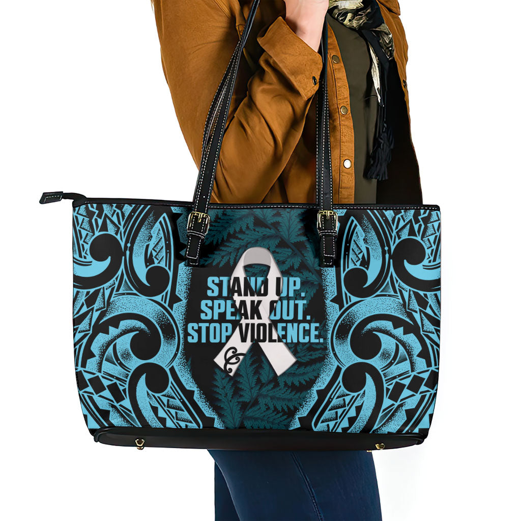 White Ribbon Day New Zealand Leather Tote Bag Respect Women Maori Pattern Blue