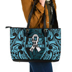 White Ribbon Day New Zealand Leather Tote Bag Respect Women Maori Pattern Blue