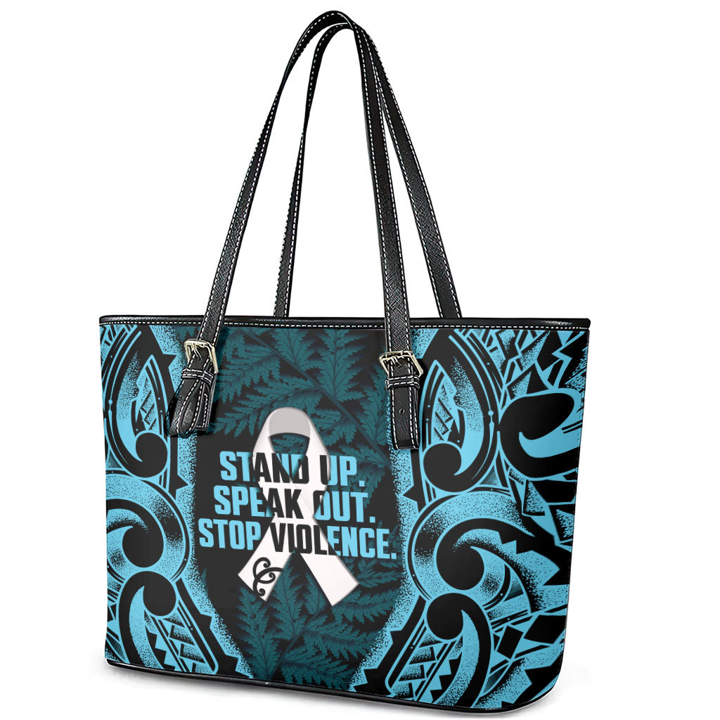 White Ribbon Day New Zealand Leather Tote Bag Respect Women Maori Pattern Blue