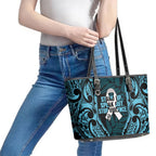 White Ribbon Day New Zealand Leather Tote Bag Respect Women Maori Pattern Blue