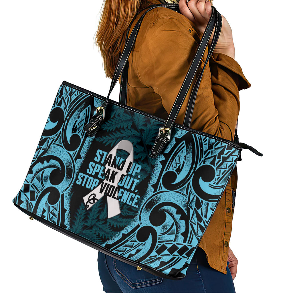White Ribbon Day New Zealand Leather Tote Bag Respect Women Maori Pattern Blue
