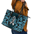 White Ribbon Day New Zealand Leather Tote Bag Respect Women Maori Pattern Blue
