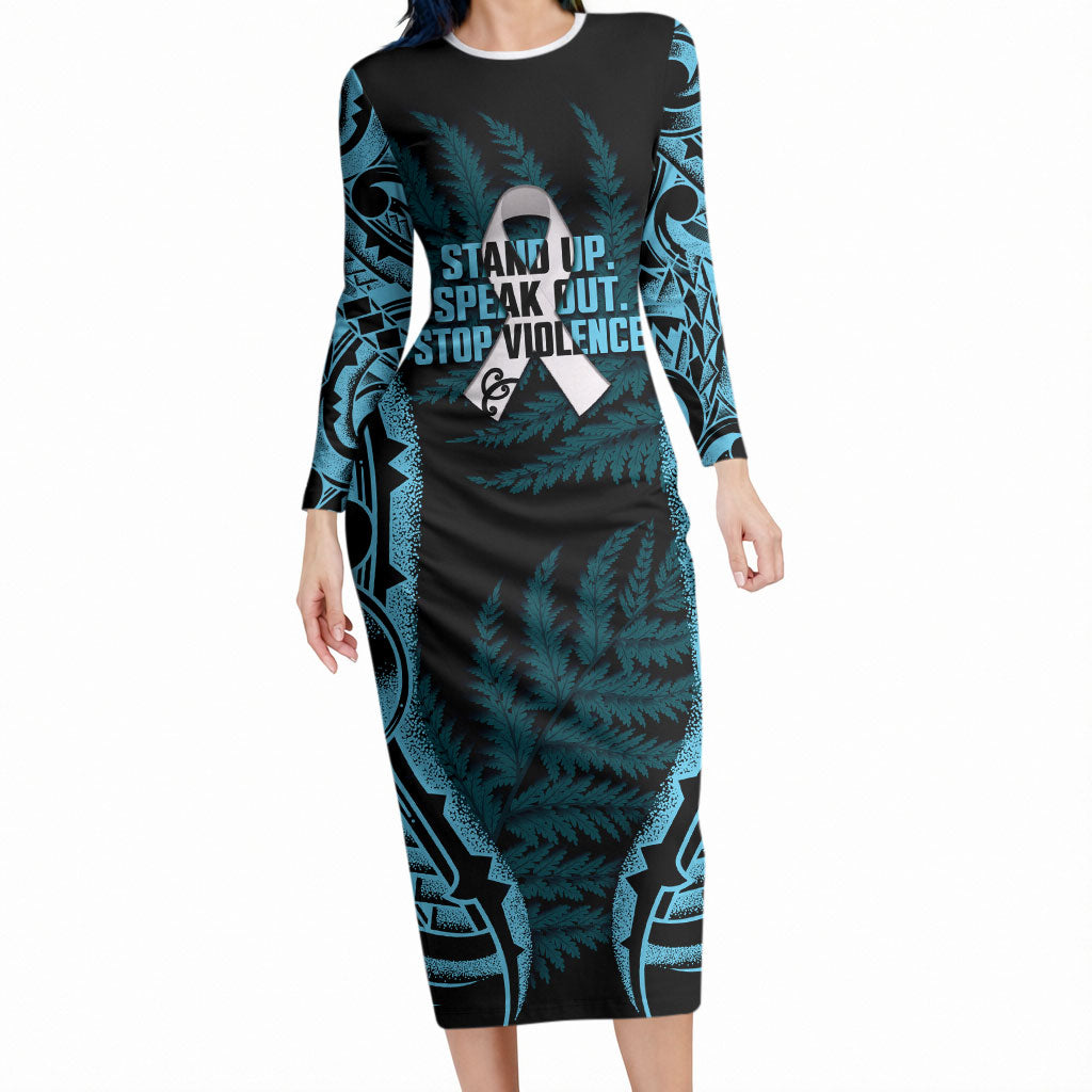 White Ribbon Day New Zealand Long Sleeve Bodycon Dress Respect Women Maori Pattern Blue