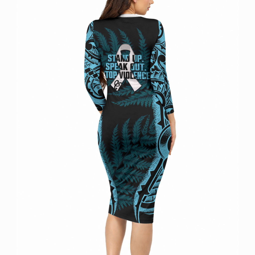 White Ribbon Day New Zealand Long Sleeve Bodycon Dress Respect Women Maori Pattern Blue