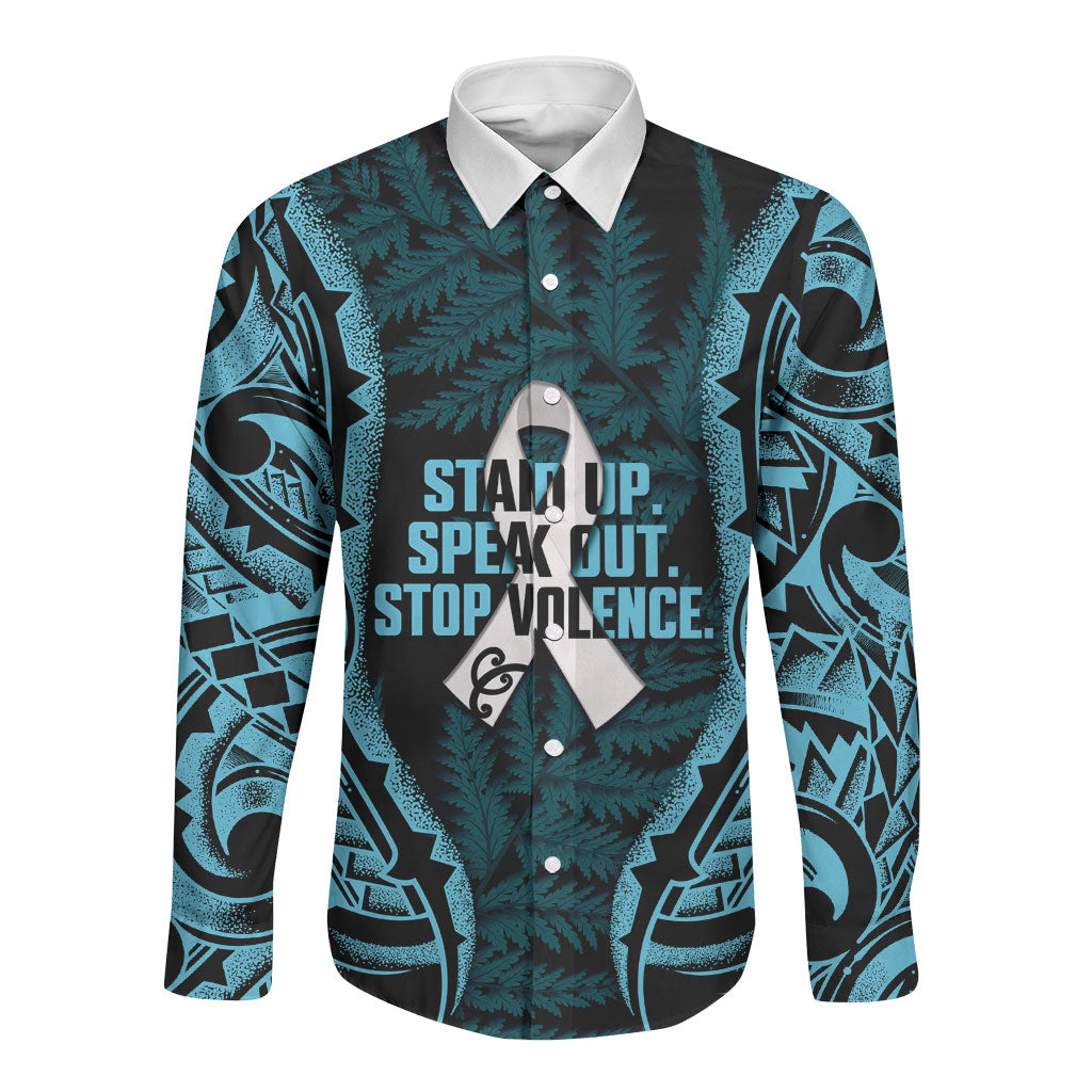 White Ribbon Day New Zealand Long Sleeve Button Shirt Respect Women Maori Pattern Blue