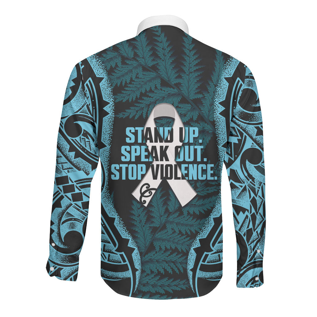 White Ribbon Day New Zealand Long Sleeve Button Shirt Respect Women Maori Pattern Blue
