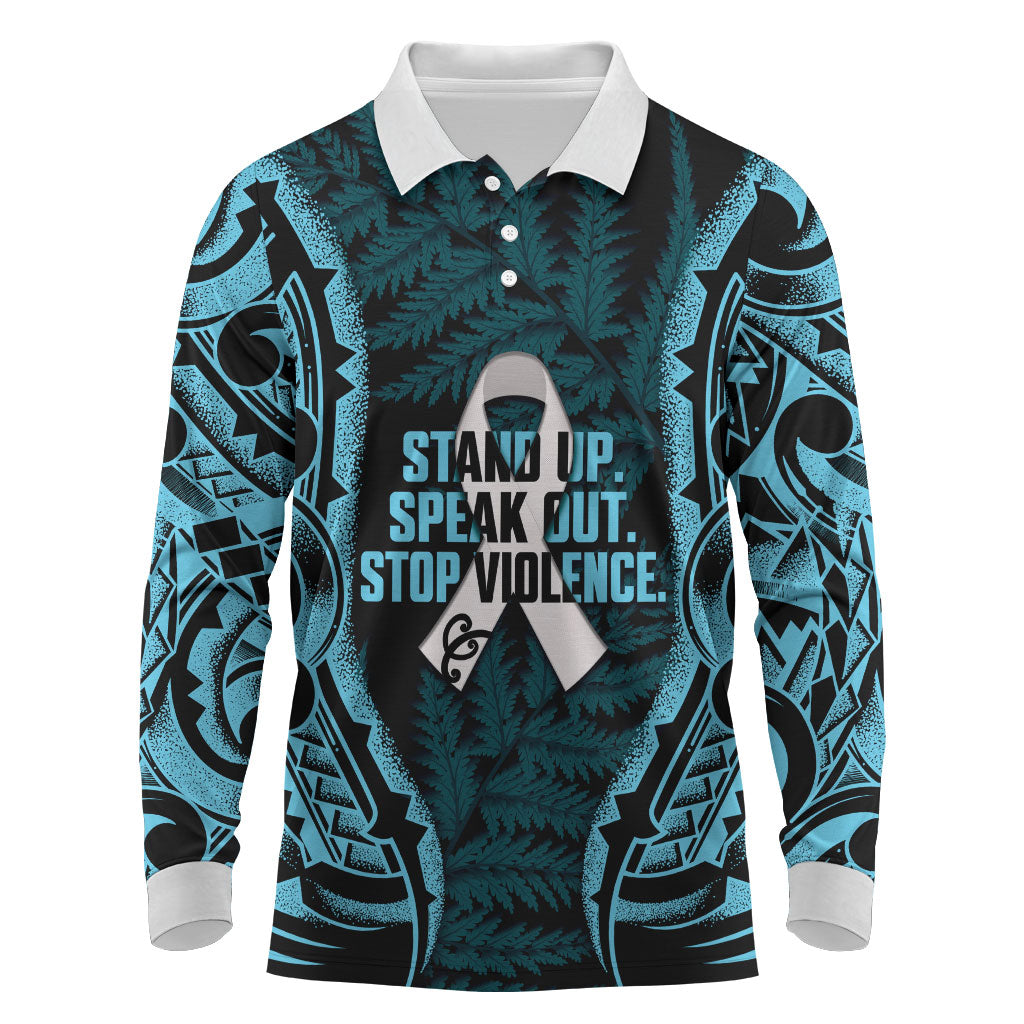 White Ribbon Day New Zealand Long Sleeve Polo Shirt Respect Women Maori Pattern Blue