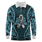 White Ribbon Day New Zealand Long Sleeve Polo Shirt Respect Women Maori Pattern Blue