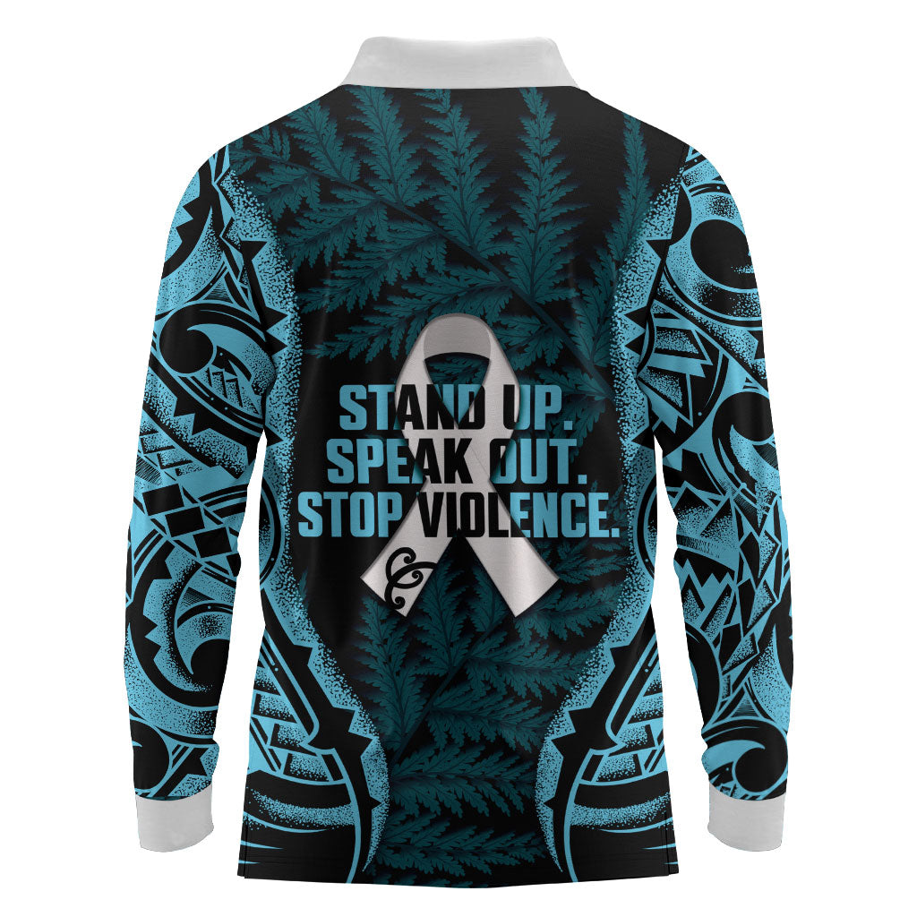 White Ribbon Day New Zealand Long Sleeve Polo Shirt Respect Women Maori Pattern Blue