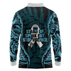 White Ribbon Day New Zealand Long Sleeve Polo Shirt Respect Women Maori Pattern Blue
