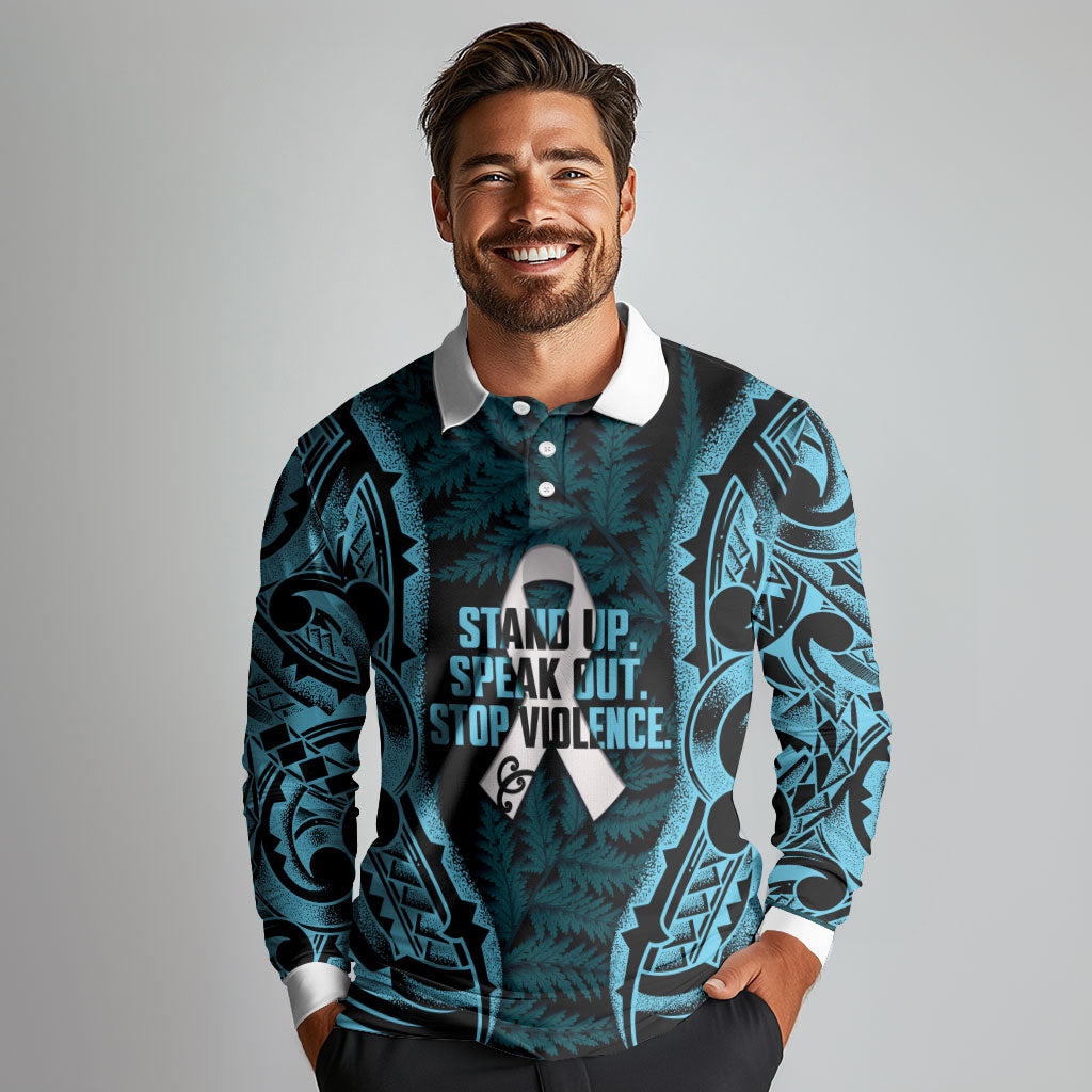White Ribbon Day New Zealand Long Sleeve Polo Shirt Respect Women Maori Pattern Blue