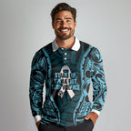 White Ribbon Day New Zealand Long Sleeve Polo Shirt Respect Women Maori Pattern Blue