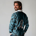 White Ribbon Day New Zealand Long Sleeve Polo Shirt Respect Women Maori Pattern Blue