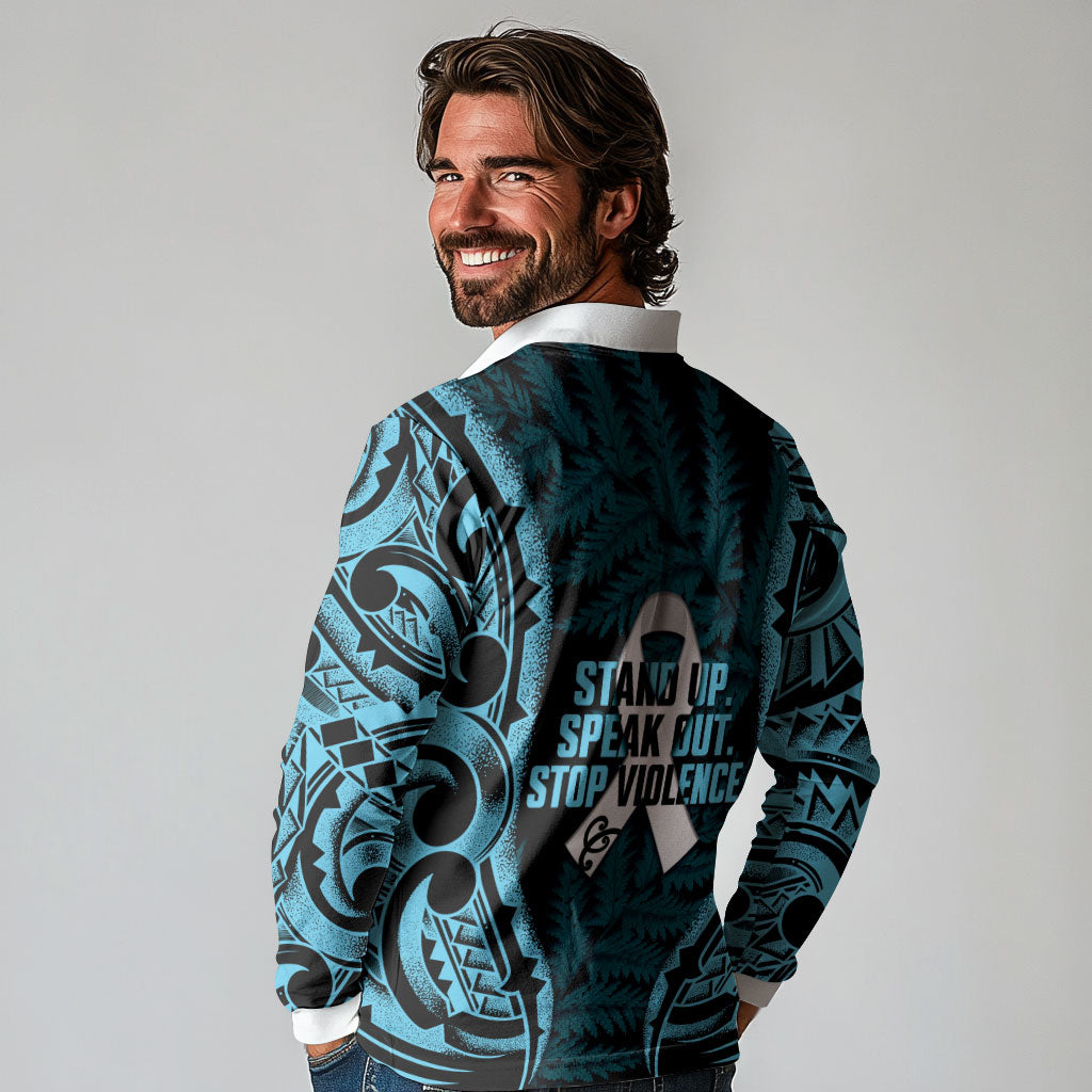 White Ribbon Day New Zealand Long Sleeve Polo Shirt Respect Women Maori Pattern Blue