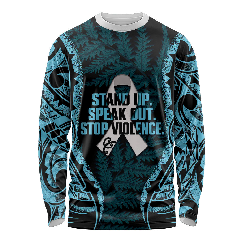 White Ribbon Day New Zealand Long Sleeve Shirt Respect Women Maori Pattern Blue
