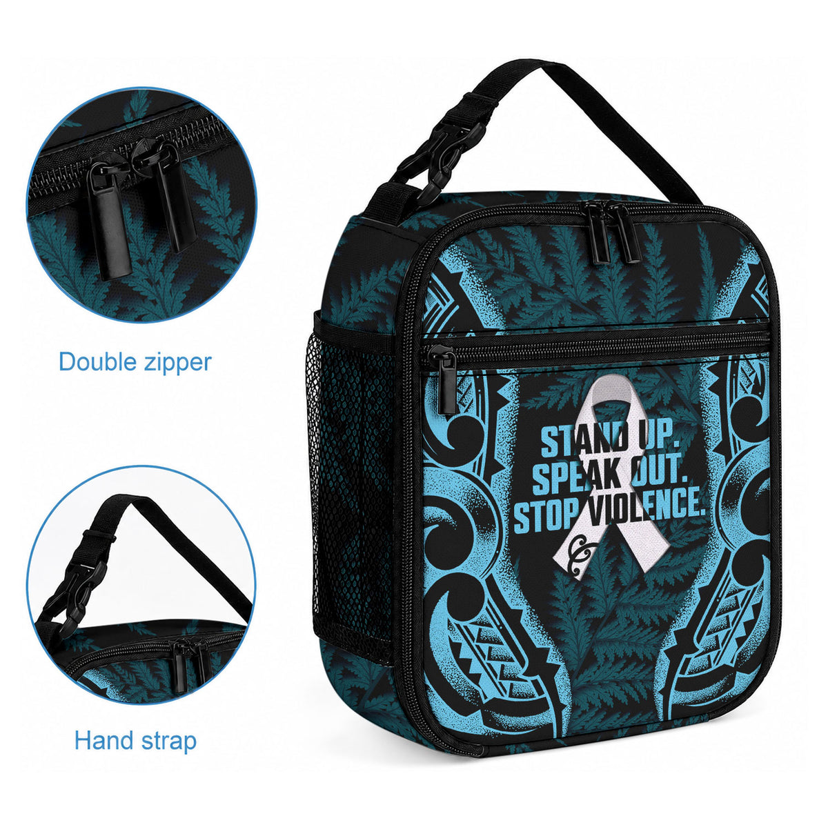 White Ribbon Day New Zealand Lunch Bag Respect Women Maori Pattern Blue