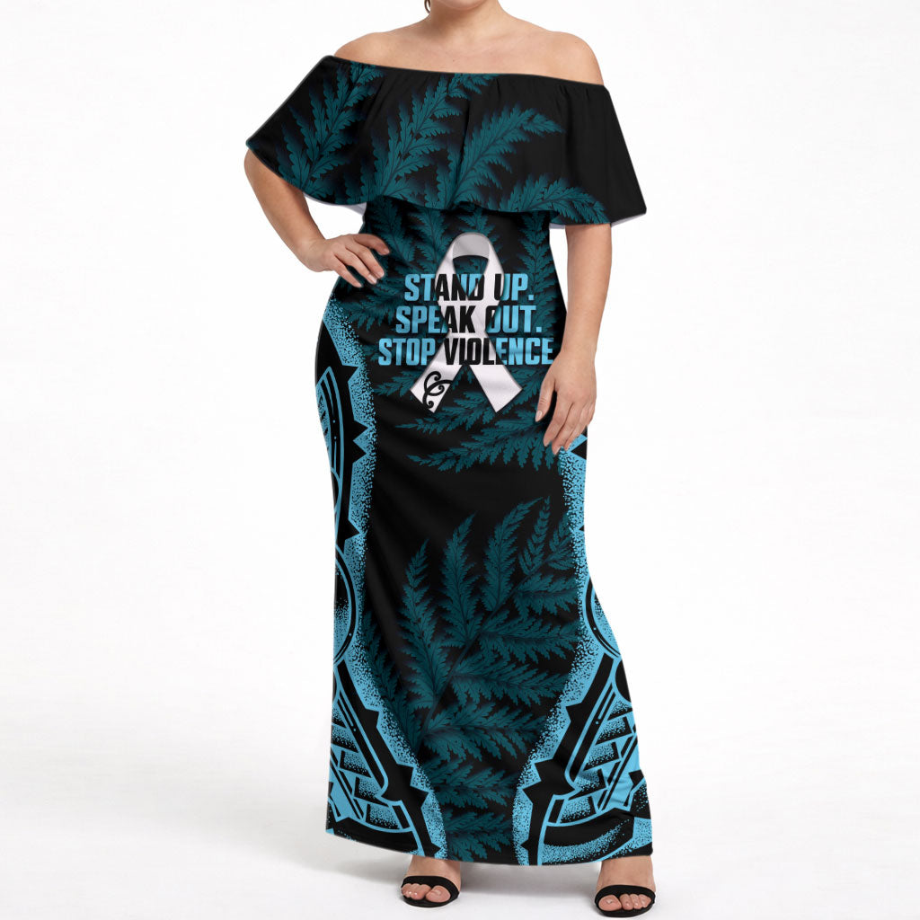 White Ribbon Day New Zealand Off Shoulder Maxi Dress Respect Women Maori Pattern Blue
