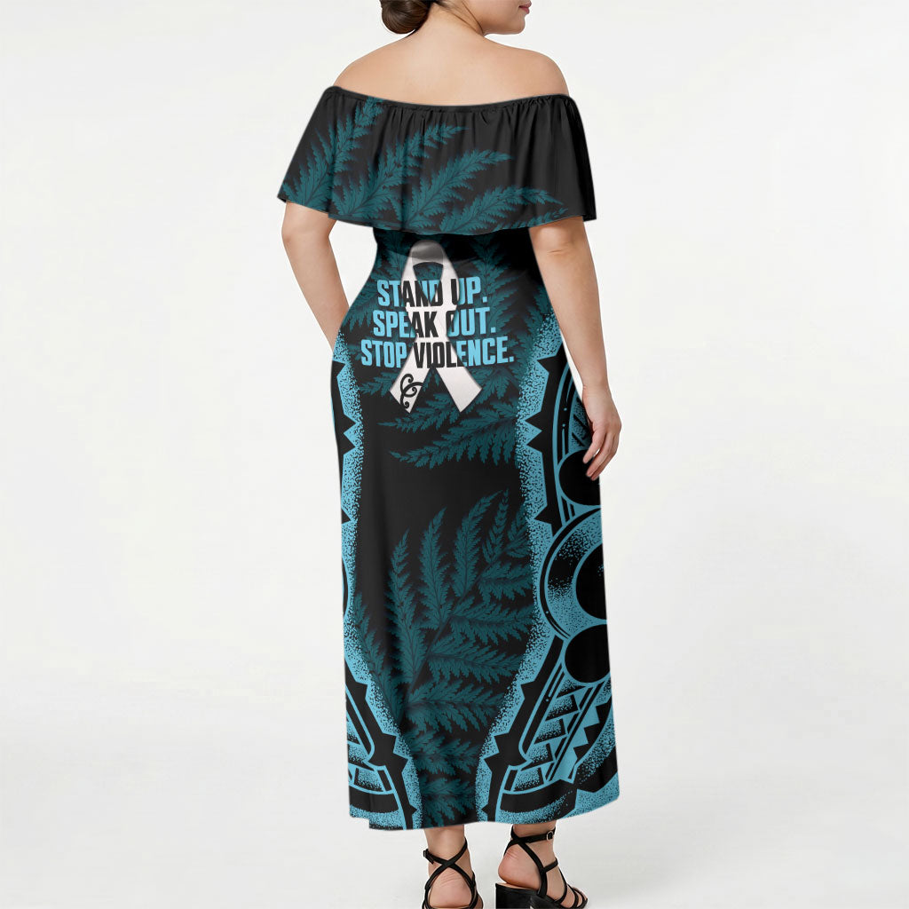 White Ribbon Day New Zealand Off Shoulder Maxi Dress Respect Women Maori Pattern Blue