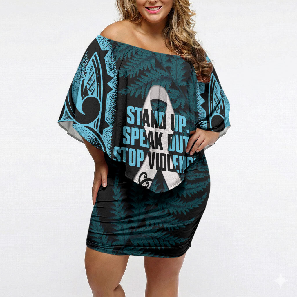 White Ribbon Day New Zealand Off Shoulder Short Dress Respect Women Maori Pattern Blue