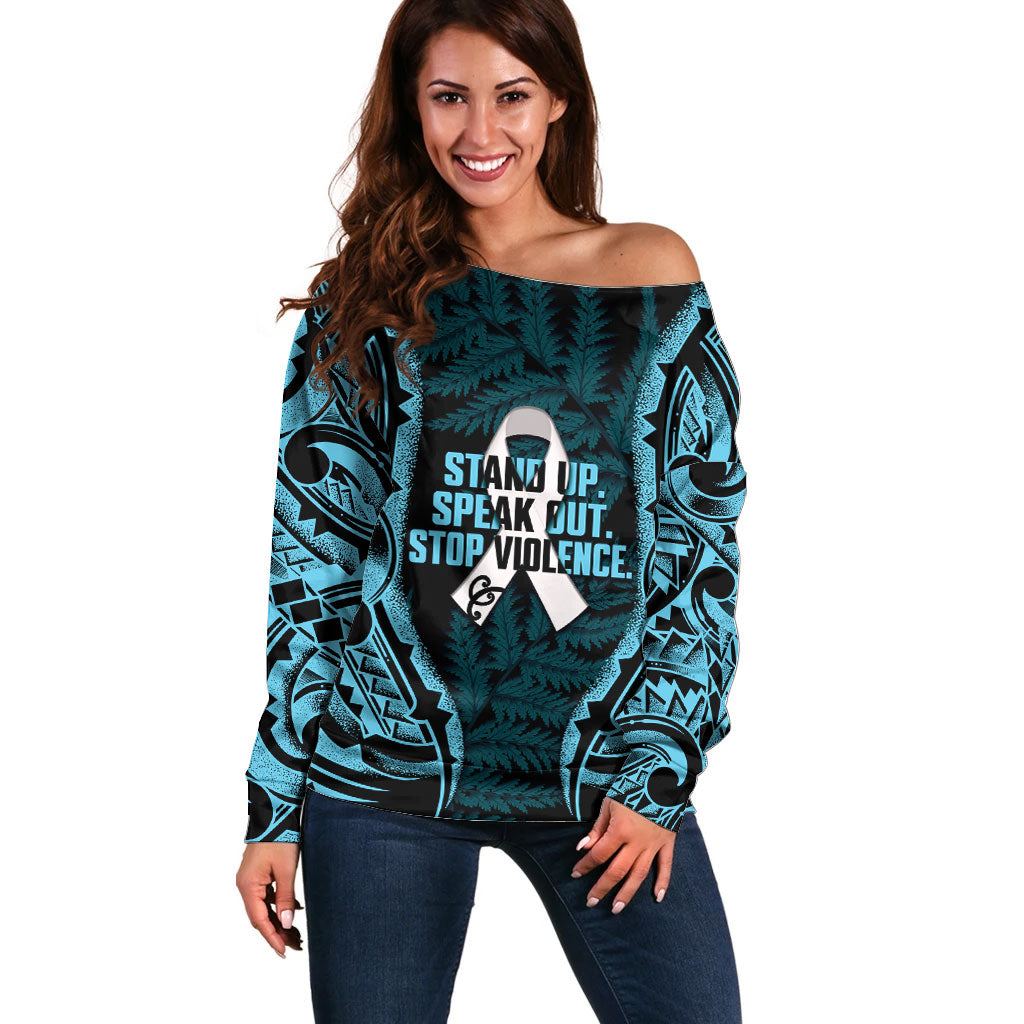 White Ribbon Day New Zealand Off Shoulder Sweater Respect Women Maori Pattern Blue