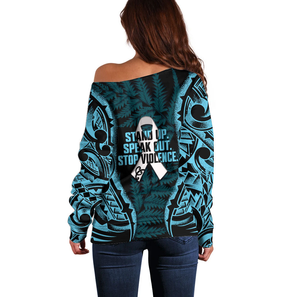 White Ribbon Day New Zealand Off Shoulder Sweater Respect Women Maori Pattern Blue