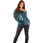 White Ribbon Day New Zealand Off Shoulder Sweater Respect Women Maori Pattern Blue