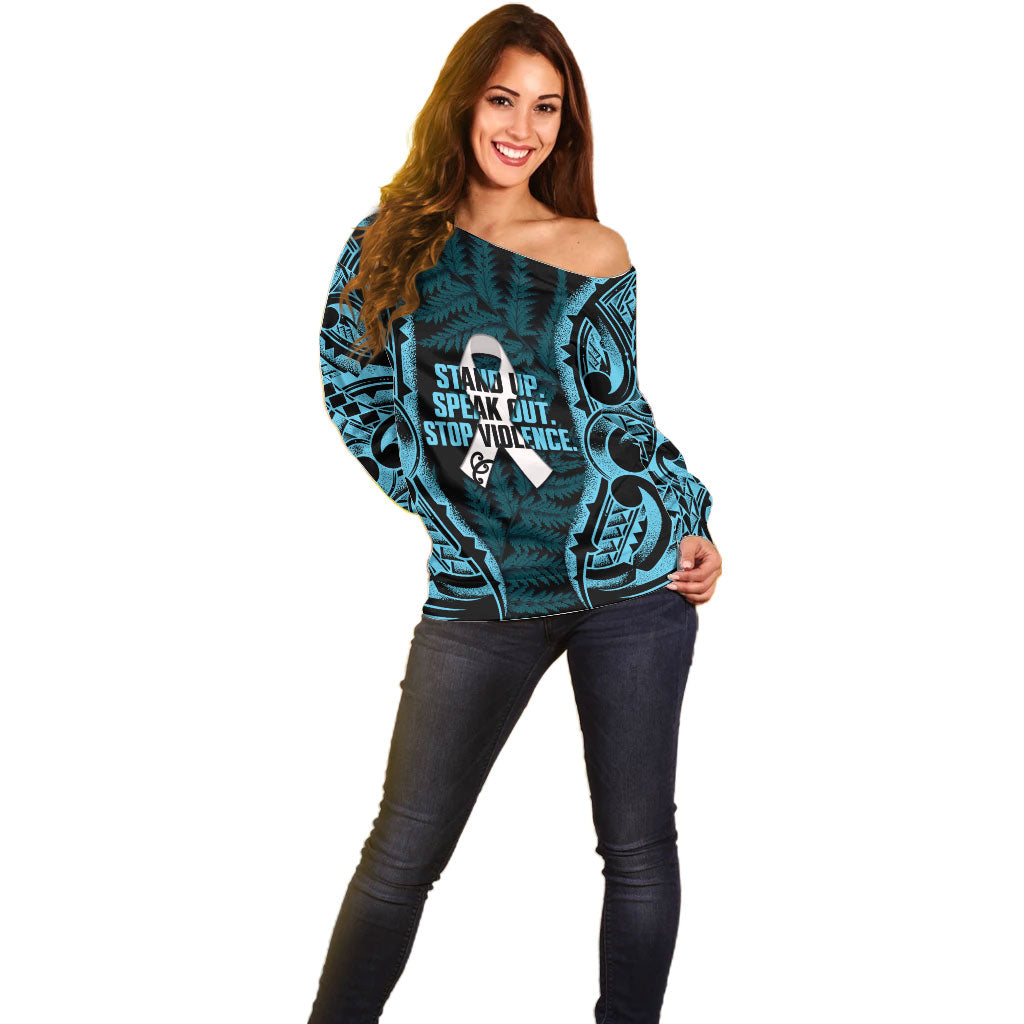 White Ribbon Day New Zealand Off Shoulder Sweater Respect Women Maori Pattern Blue