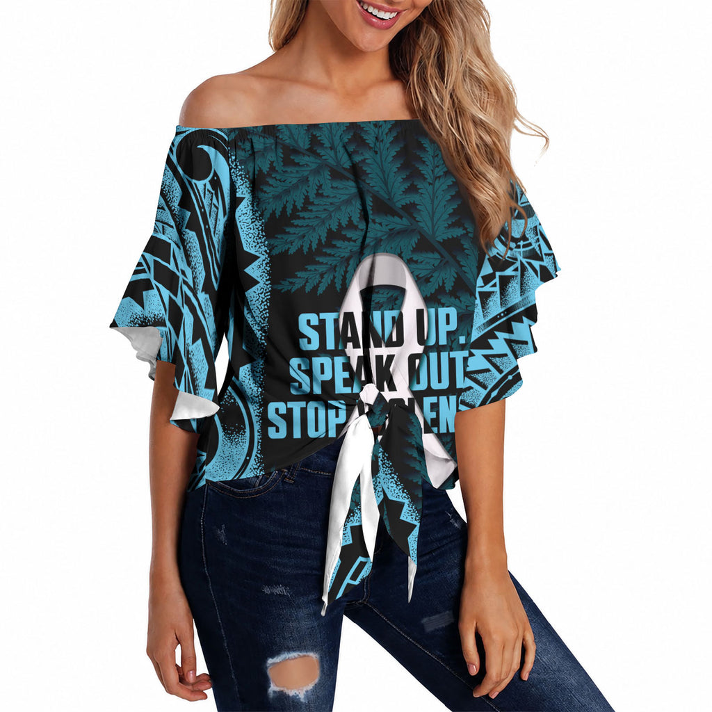 White Ribbon Day New Zealand Off Shoulder Wrap Waist Top Respect Women Maori Pattern Blue