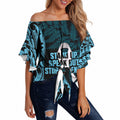 White Ribbon Day New Zealand Off Shoulder Wrap Waist Top Respect Women Maori Pattern Blue