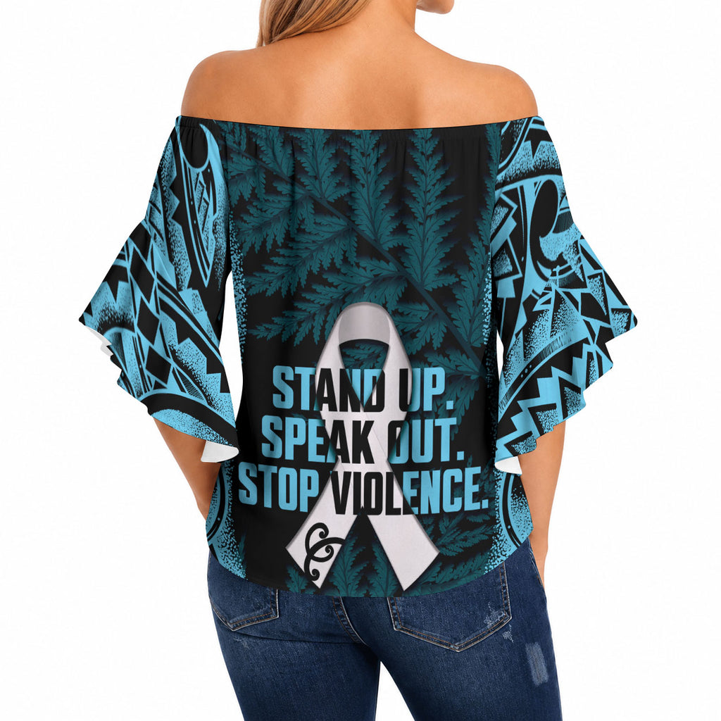 White Ribbon Day New Zealand Off Shoulder Wrap Waist Top Respect Women Maori Pattern Blue