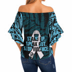 White Ribbon Day New Zealand Off Shoulder Wrap Waist Top Respect Women Maori Pattern Blue