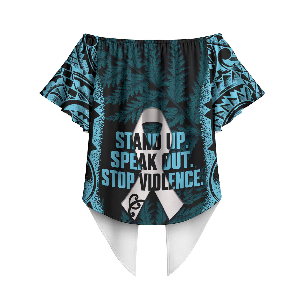 White Ribbon Day New Zealand Off Shoulder Wrap Waist Top Respect Women Maori Pattern Blue