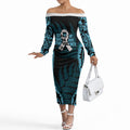 White Ribbon Day New Zealand Off The Shoulder Long Sleeve Dress Respect Women Maori Pattern Blue