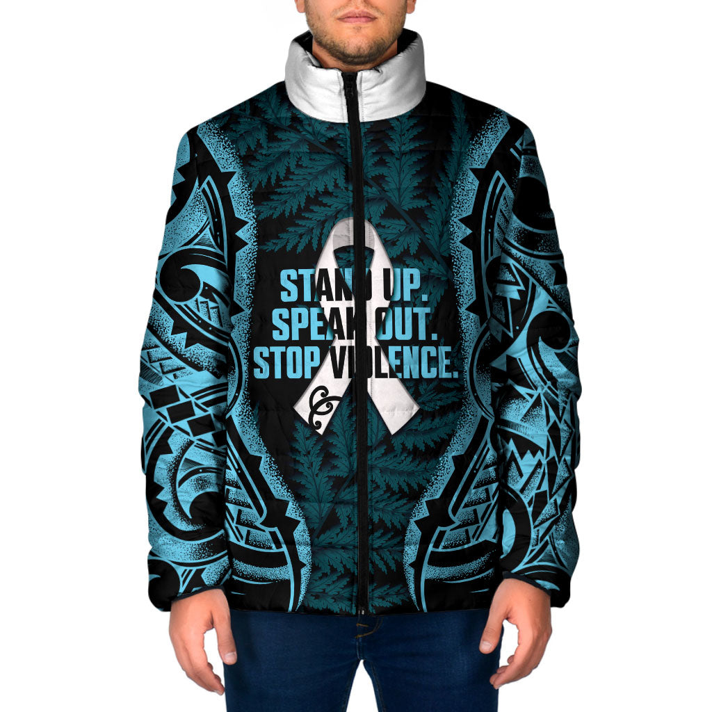 White Ribbon Day New Zealand Padded Jacket Respect Women Maori Pattern Blue