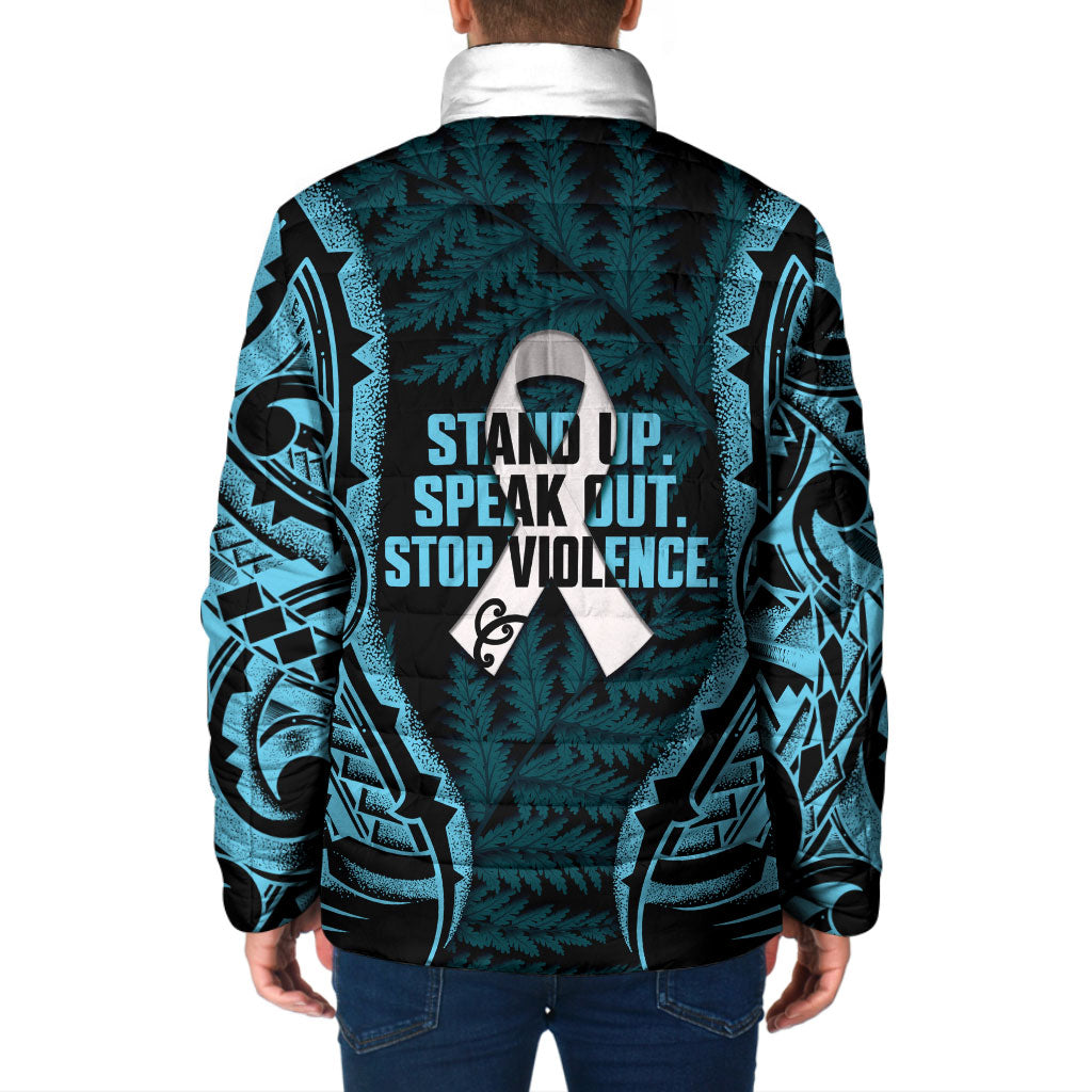 White Ribbon Day New Zealand Padded Jacket Respect Women Maori Pattern Blue