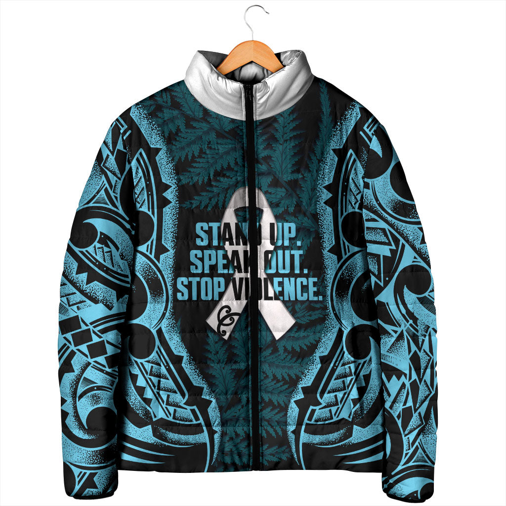 White Ribbon Day New Zealand Padded Jacket Respect Women Maori Pattern Blue