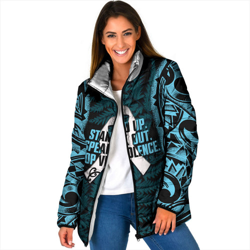 White Ribbon Day New Zealand Padded Jacket Respect Women Maori Pattern Blue