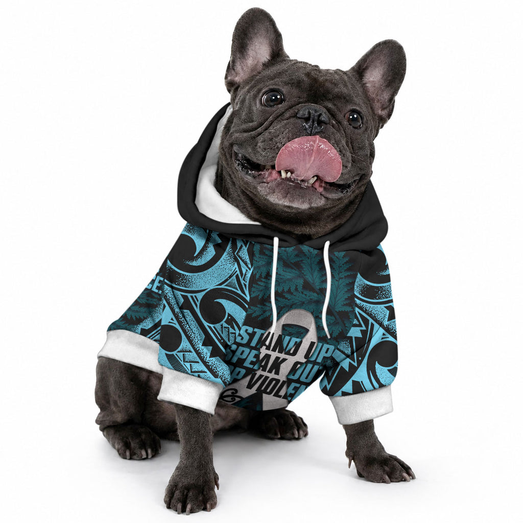 White Ribbon Day New Zealand Pet Hoodie Respect Women Maori Pattern Blue