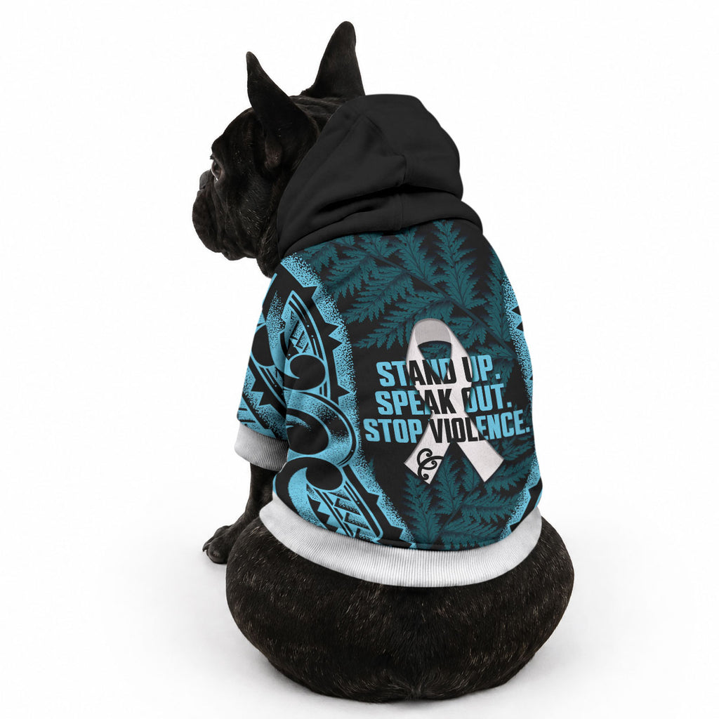 White Ribbon Day New Zealand Pet Hoodie Respect Women Maori Pattern Blue