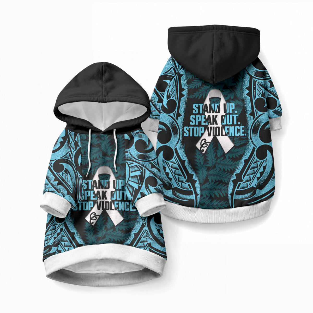 White Ribbon Day New Zealand Pet Hoodie Respect Women Maori Pattern Blue