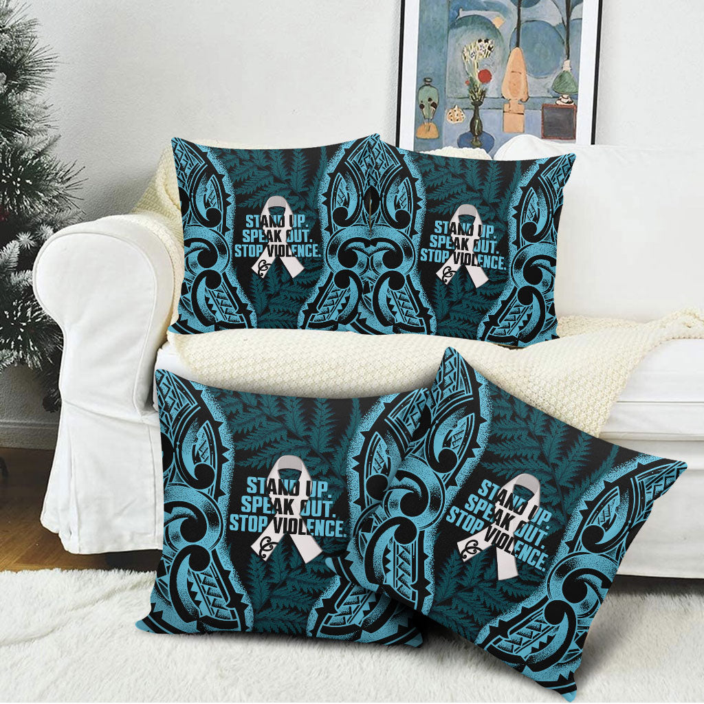 White Ribbon Day New Zealand Pillow Cover Respect Women Maori Pattern Blue