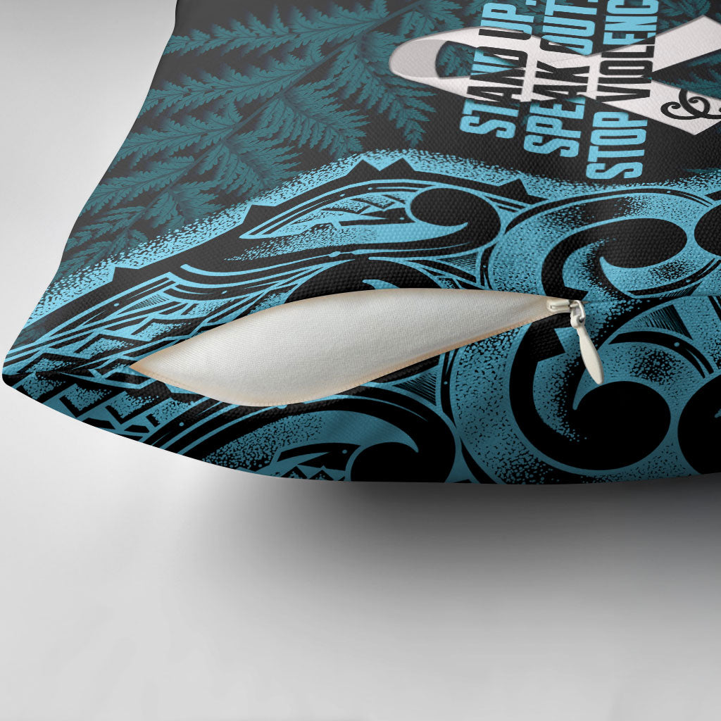 White Ribbon Day New Zealand Pillow Cover Respect Women Maori Pattern Blue
